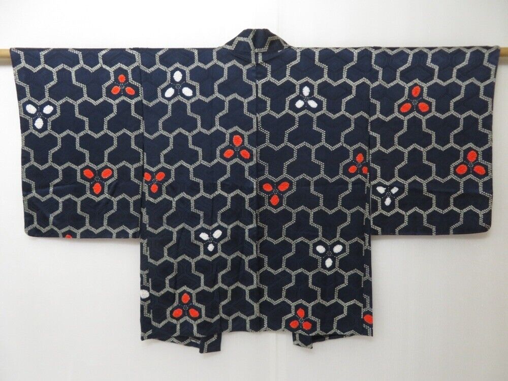 2129t06z520 Vintage Japanese Kimono Silk Haori  Dark Navy