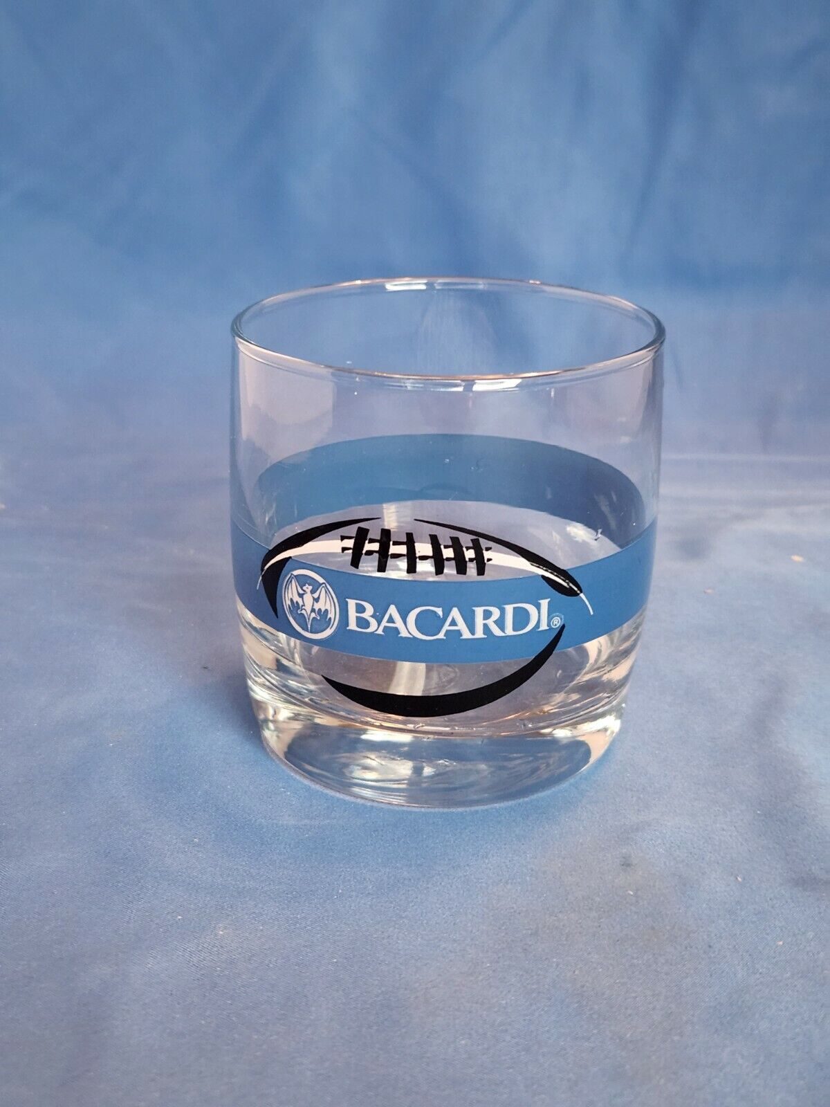 Bacardi Rum Lowball Rocks Glass Blue Stripe Football Logo W/bat Short Tumbler
