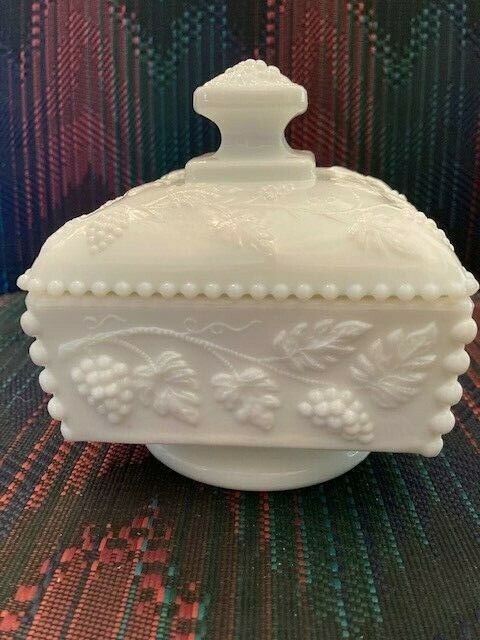 Westmoreland Beaded Square Compote Dish Grape Milk Glass Pedestal Candy Paneled