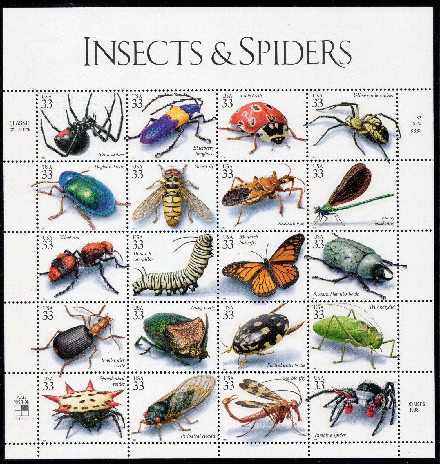 1999 Us Sc 3351 33c Insects & Spiders Full Sheet Of 20 - Mnh Post Office Fresh