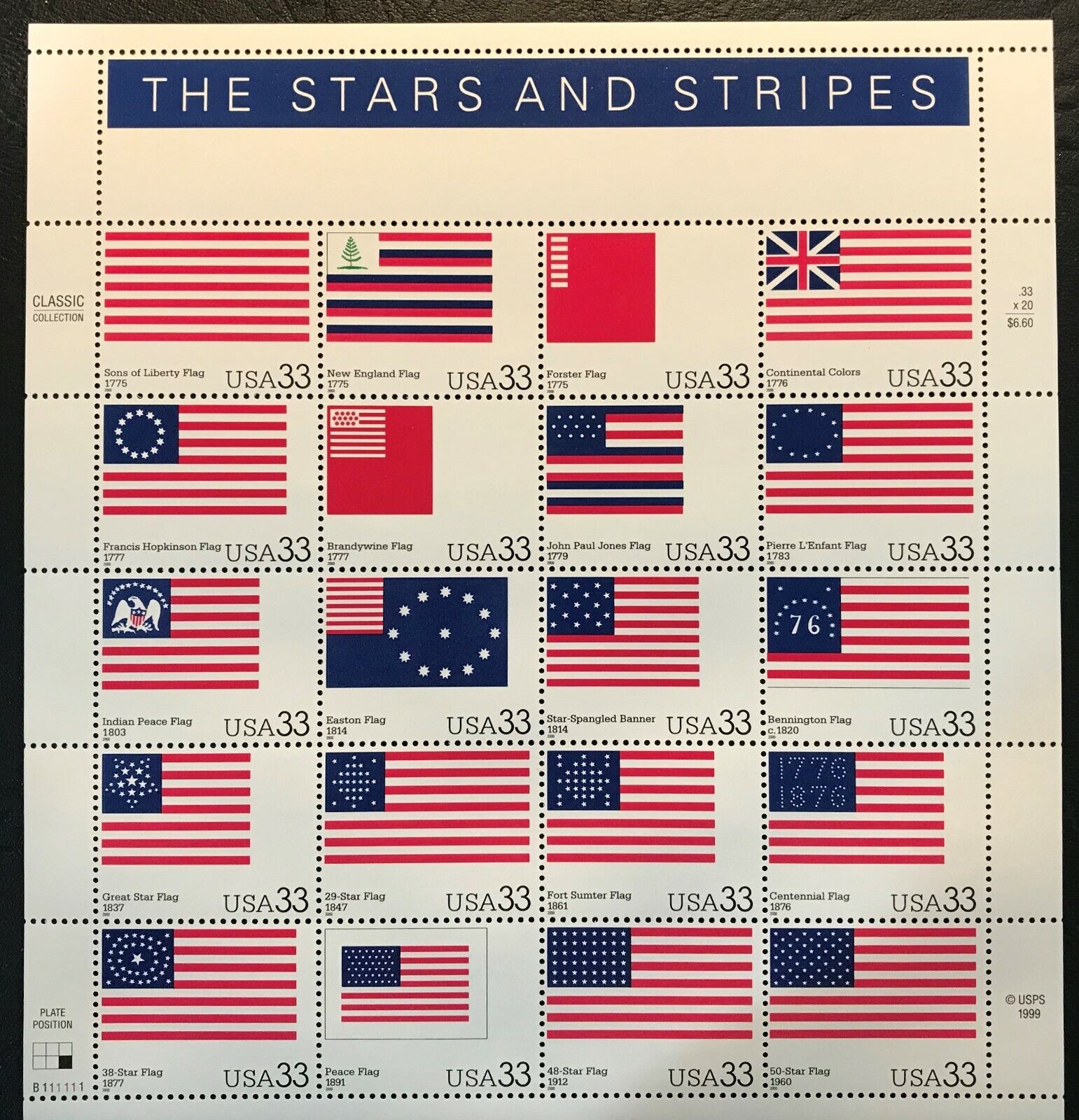 2000 - 33¢ - Scott #3403a-t - Stars And Stripes  - Full Sheet Of 20, Mint Nh