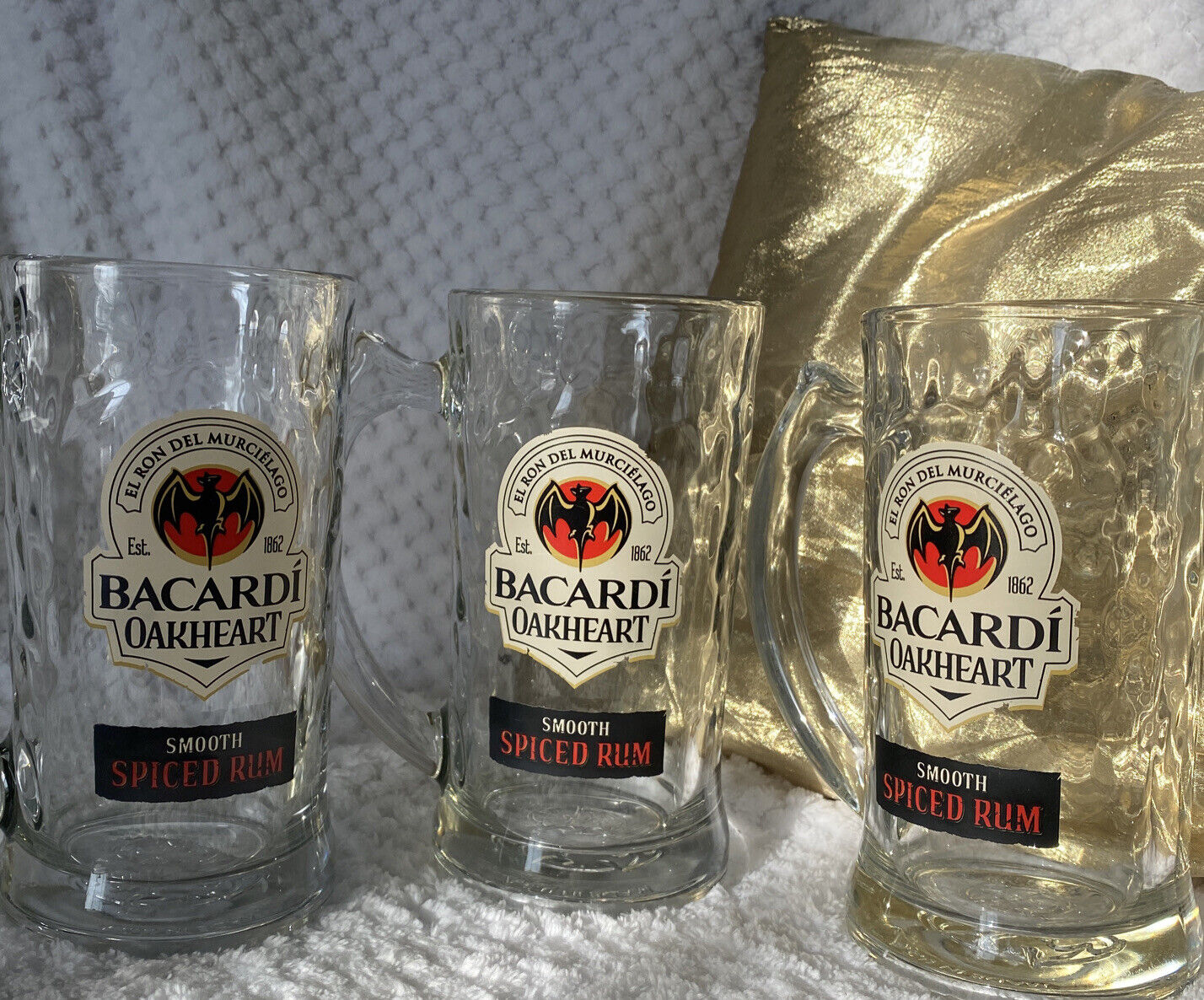🦇 Bacardi Oakheart 🇵🇷 Beer Mug Set Spiced Rum Dimpled Glass Set Of 3