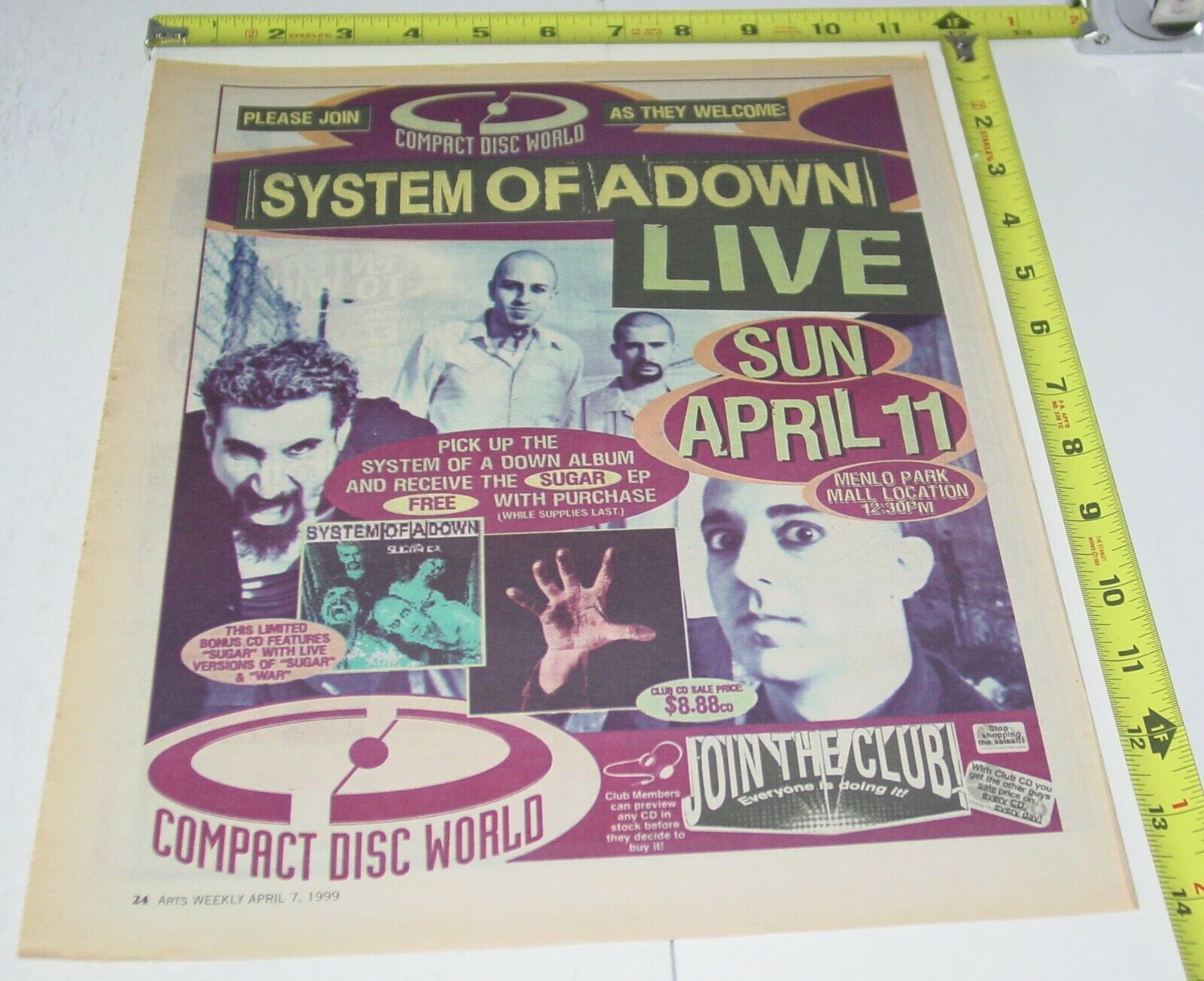 System Of A Down Concert Ad Advert 1999 Tour Menlo Park In Store Heavy Nu Metal