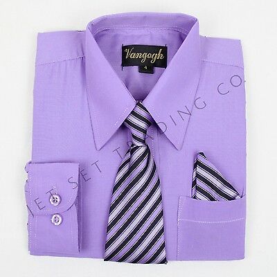 Boys Lilac Dress Shirt With Matching Tie & Hankie Long Sleeves Sizes 4 To 20