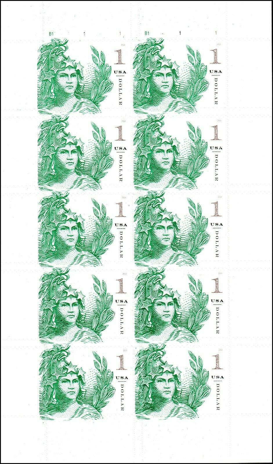 Us 5295 Statue Of Freedom One Dollar Emerald Green $1 Sheet (10 Stamps) Mnh 2018