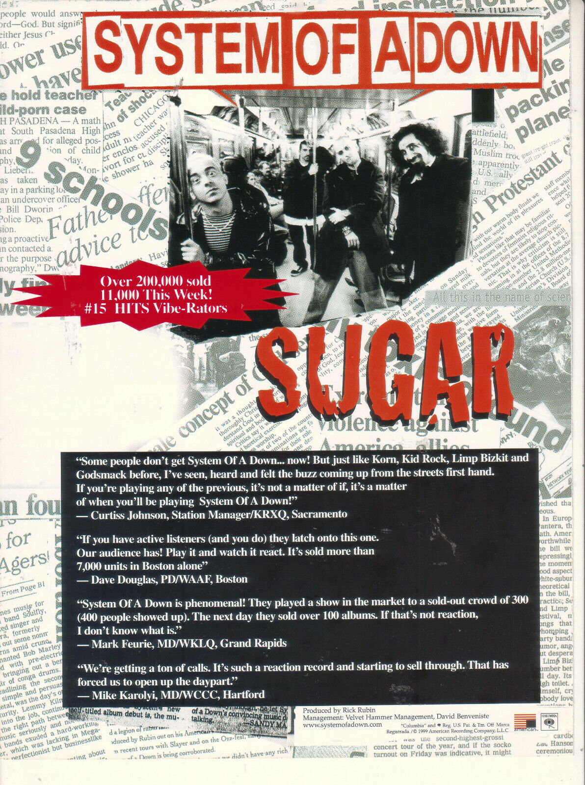 System Of A Down 1999 Ad- Sugar Advertisement  Krxq