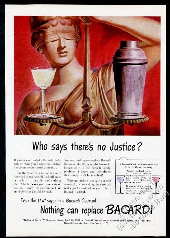 1945 Bacardi Rum Blind Justice Art Cocktail Drink Recipes Vintage Print Ad