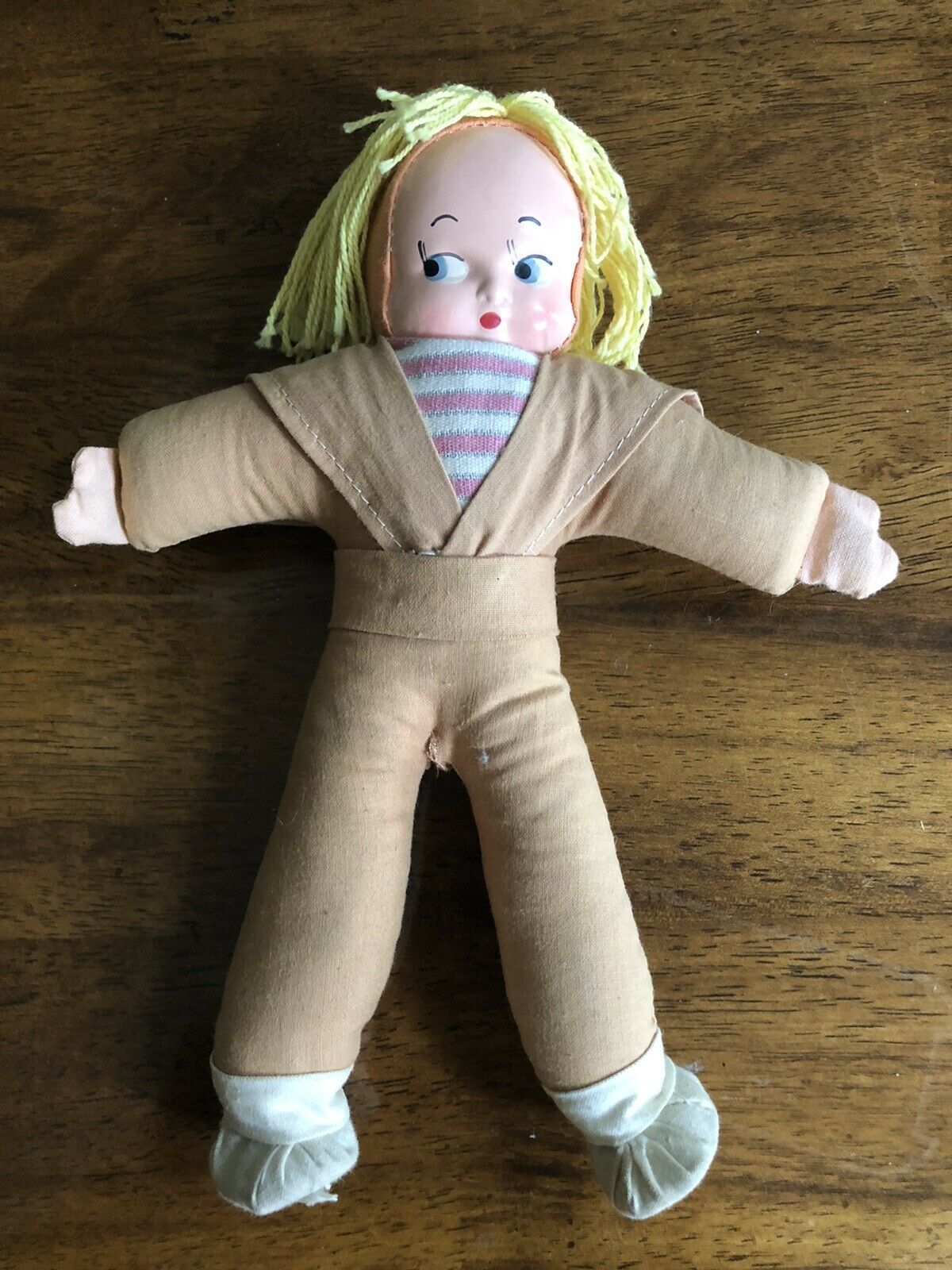 Vintage Made In Hungary Cloth Doll W/plastic Like Face Blonde String Hair 8"