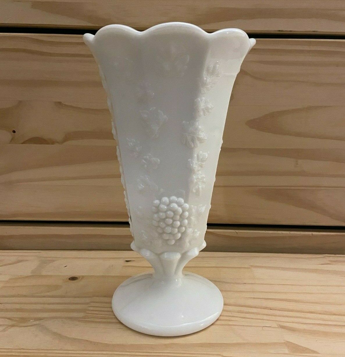 Vintage Westmoreland Paneled Grape Milk Glass Scalloped Rim 9-1/4" Tall Vase