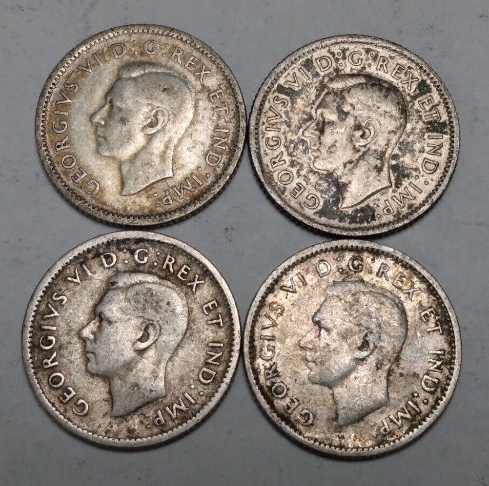 Lot Of 4x Canada 10 Cents George Vi Canadian Silver Dimes 1941 1942 1943 1945