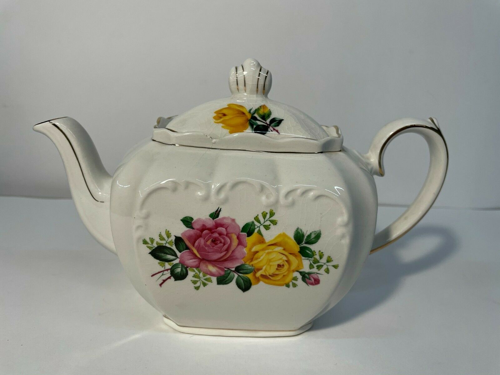 Vintage Sadler Teapot England White And Gold With Yellow And Pink Flowers