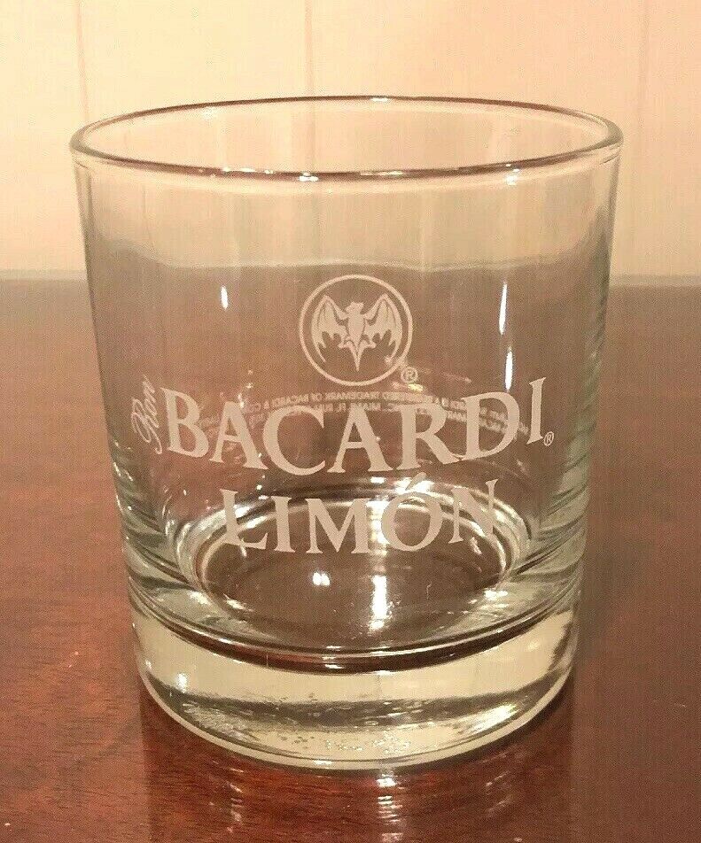 Bacardi Limon Rum Lowball Liquor Glass Bat Logo Etched Frosted Bar Alcohol Euc