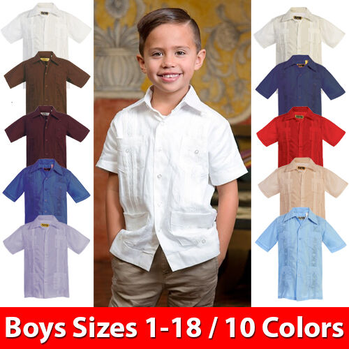 Kids Boys Guayabera Short Sleeve Cuban Shirt Wedding Beach Casual Junior - New