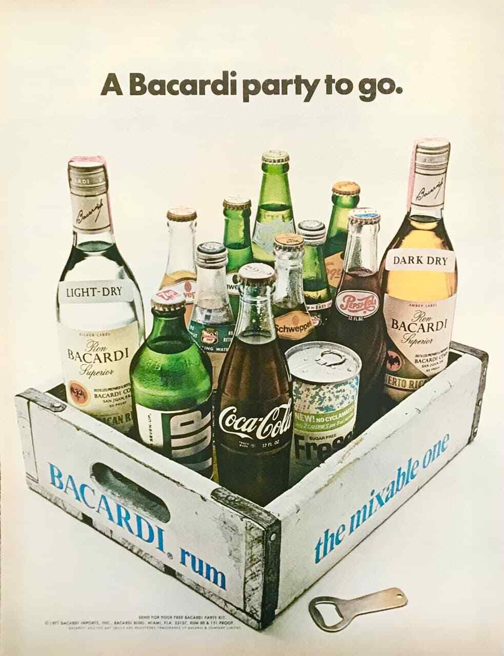 1971 Bacardi Rum Print Ad A Barcardi Party To Go Wooden Tray Soft Drinks Mixers