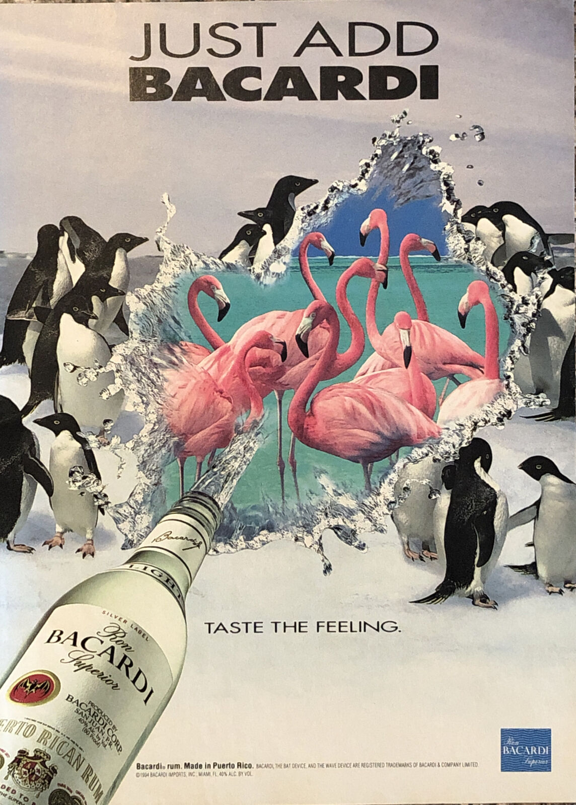 Print Ad 1994 Just Add Bacardi Rum Penguins Pink Flamingos - Taste The Feeling